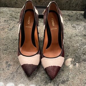 Fendi Brown and Cream Calf Hair Pointed Toe Heels